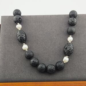 Lava Rock Style Round Beaded Necklace Black White Islander Earthy Boho Neutral